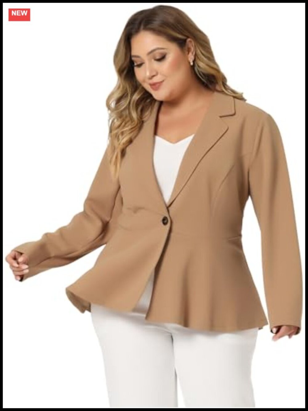 Plus Size Notch Lapel Peplum Blazer with Ruffled Hem, Button Up Long Sleeve